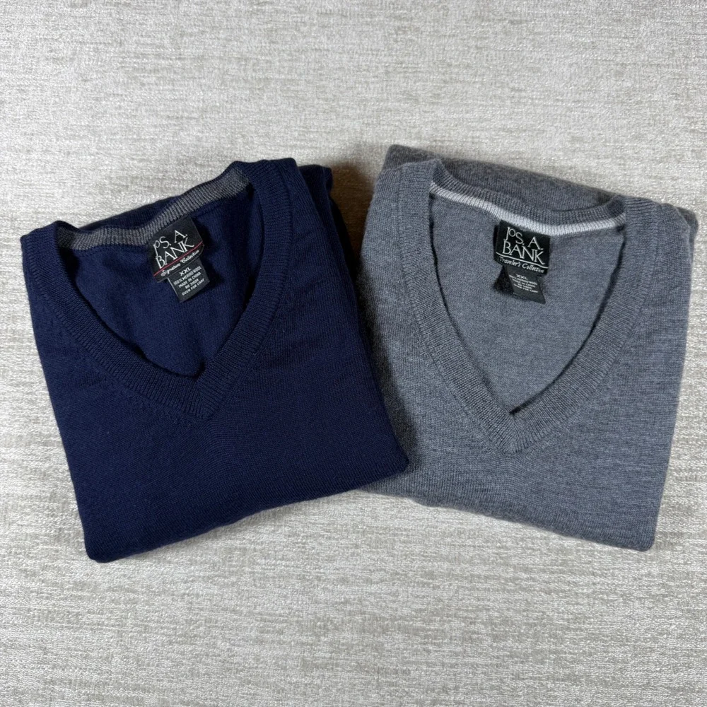2 Pack Lot!  Jos. A. Bank V-Neck Sweater Mens XXL Navy Grey 100% Merino Wool